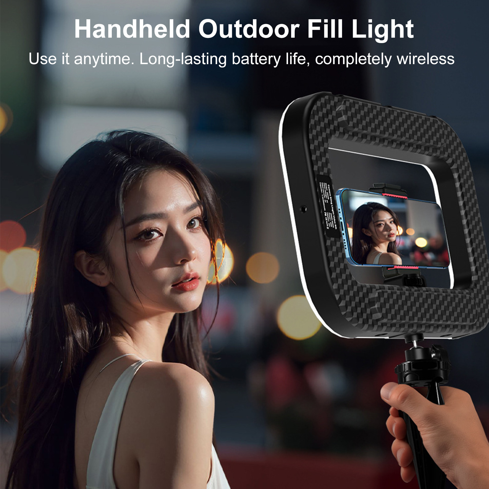 Photography Lighting Handheld - 充電式携帯電話ライト、ハンドヘルドフォンスタビライザー（スマホホルダー付き）、ビデオ録画用ハンドヘルドリングセルフィーライト