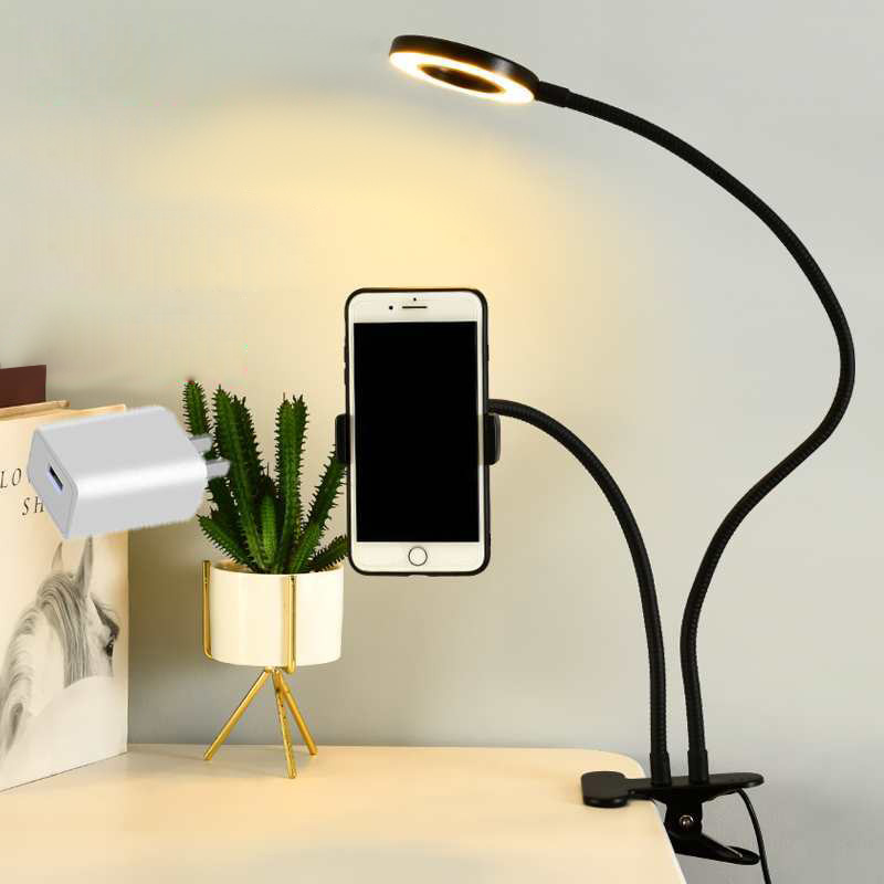 Photography Lighting Set Up - 自撮りリングライト付きユニバーサルフレキシブル携帯電話ホルダー、オフィス怠惰なブラケットデスクランプLEDライト、ライブストリームフィルライト用